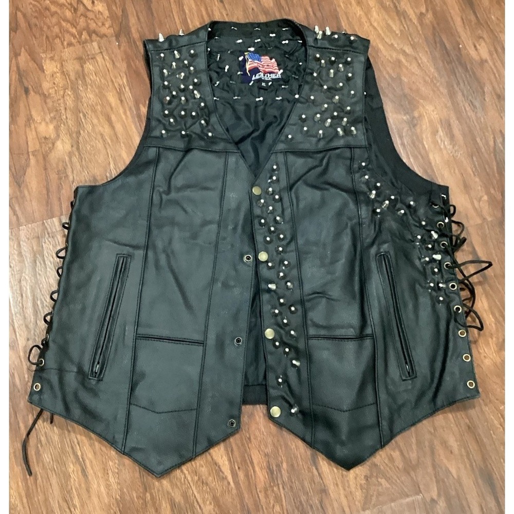 Vintage USA Leathers vest men's XL motorcycle lace sides silver studs